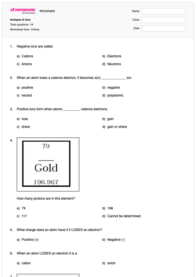 Isotopes & Ions - พิมพ์ได้ Ions-and-atoms เวิร์กชีท - Wayground
