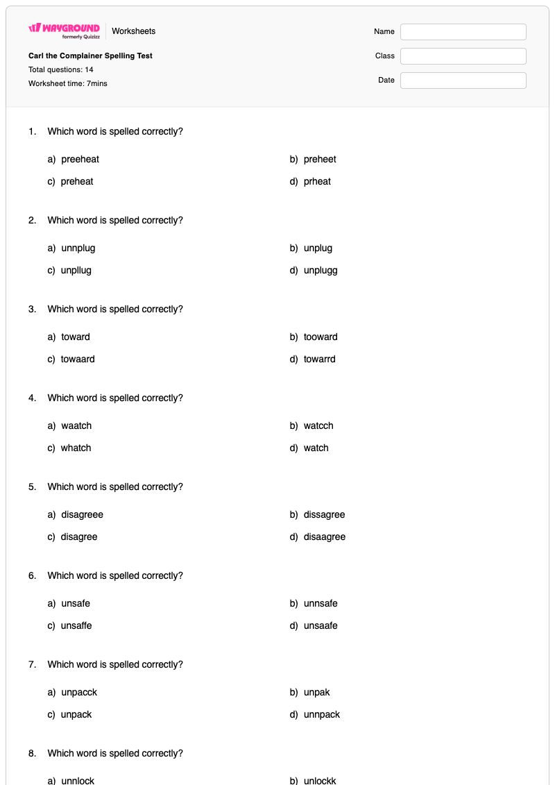 Carl the Complainer Spelling Test - Printable Christmas Worksheets Kindergarten - Wayground