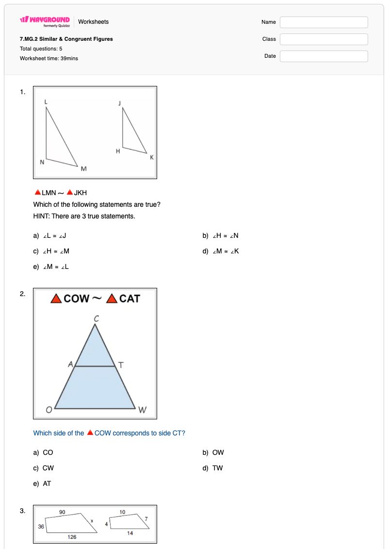 7.MG.2 Similar & Congruent Figures  - พิมพ์ได้ รูปทรงที่เท่ากัน เวิร์กชีท - Wayground