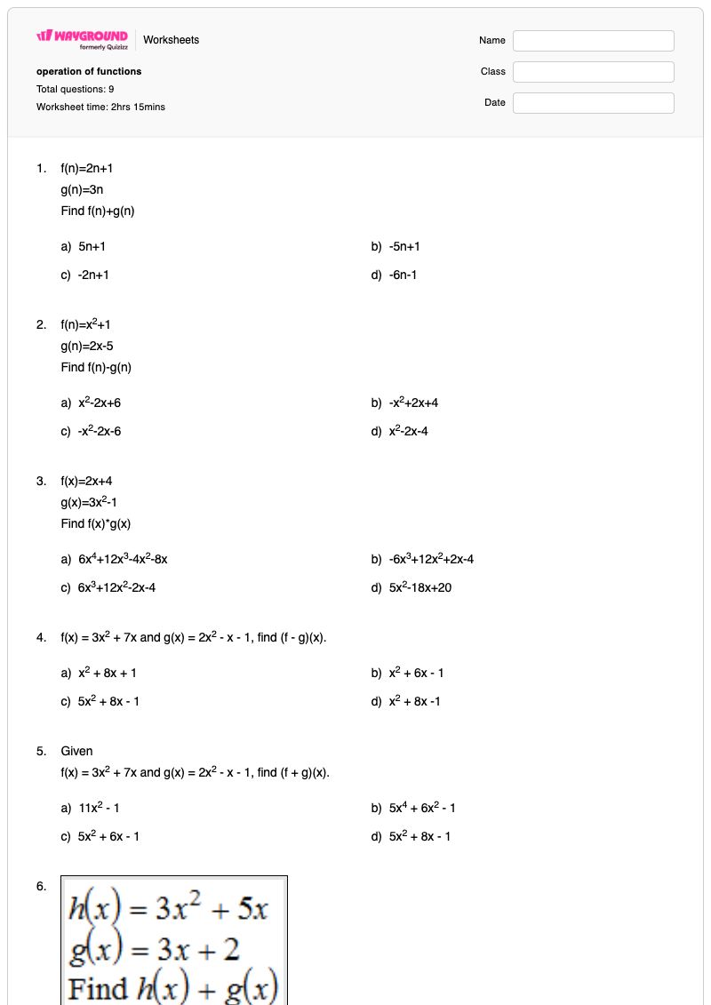 operation of functions - พิมพ์ได้ ฟังก์ชันการทำงาน เวิร์กชีท - Wayground