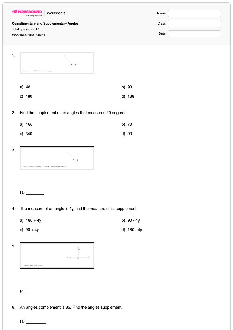 Complimentary and Supplementary Angles - Printable Angles Worksheets - Wayground