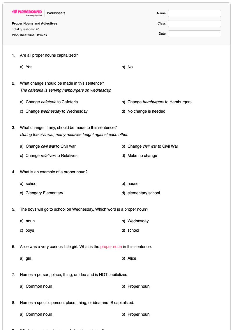 Proper Nouns and Adjectives - Printable Proper-nouns Worksheets Kindergarten - Wayground