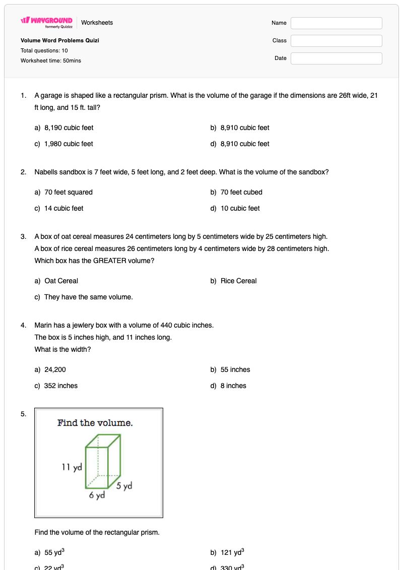 Volume Word Problems Quizi - Printable Math Worksheets Year 1 - Wayground