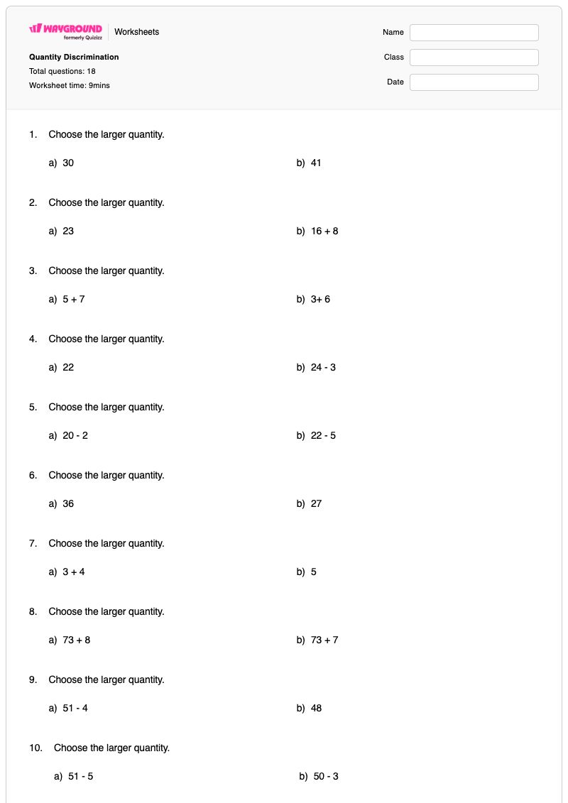 Quantity Discrimination - พิมพ์ได้ Quantity-comparison เวิร์กชีท ระดับ 2 - Wayground
