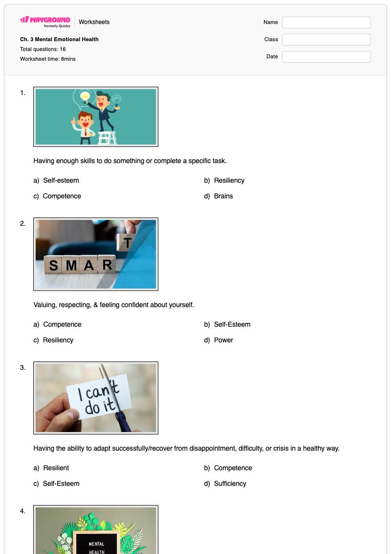 Ch. 3 Mental Emotional Health - Printable Mental-health Worksheets - Wayground