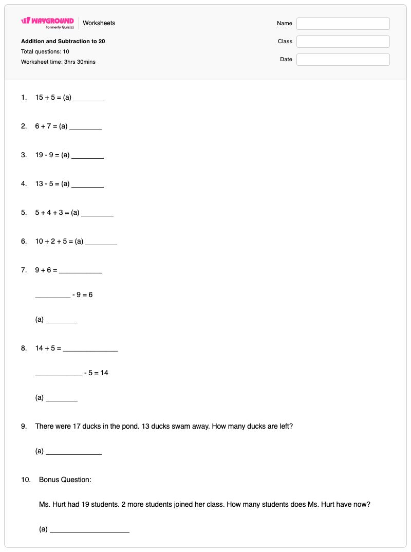 Addition and Subtraction to 20 - พิมพ์ได้ Addition-and-subtraction เวิร์กชีท - Wayground