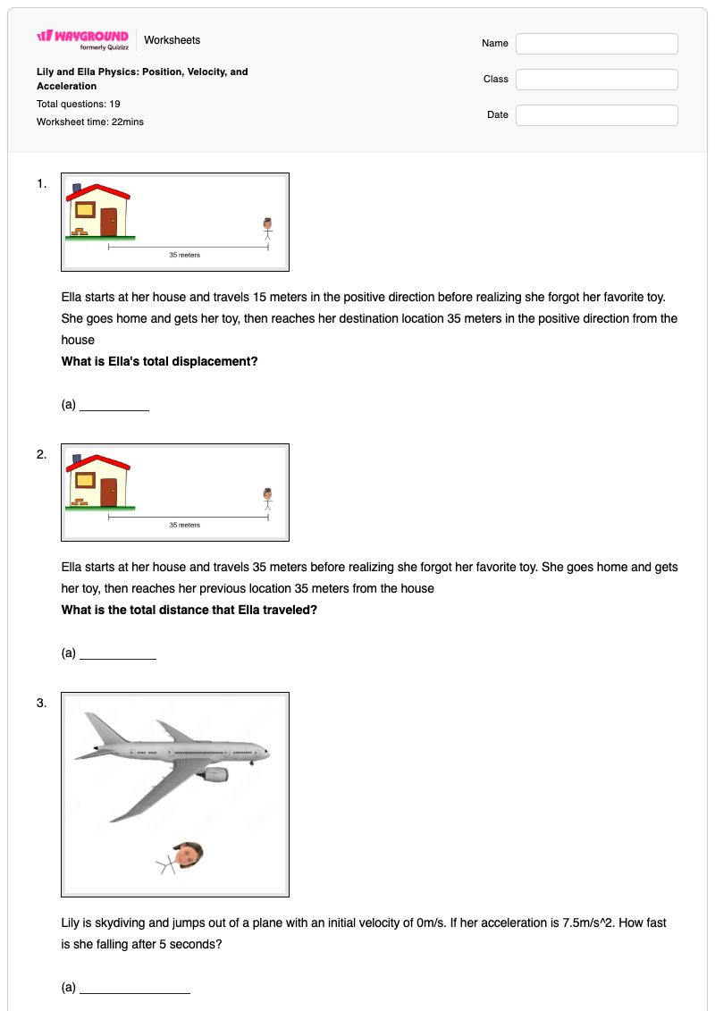 Lily and Ella Physics: Position, Velocity, and Acceleration - Printable Distance-and-displacement Worksheets - Wayground