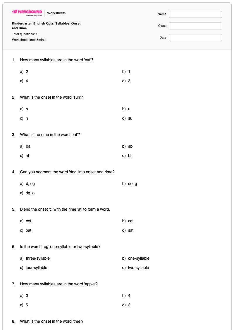 Kindergarten English Quiz: Syllables, Onset, and Rime - พิมพ์ได้ การเริ่มต้นและการสัมผัส เวิร์กชีท - Wayground