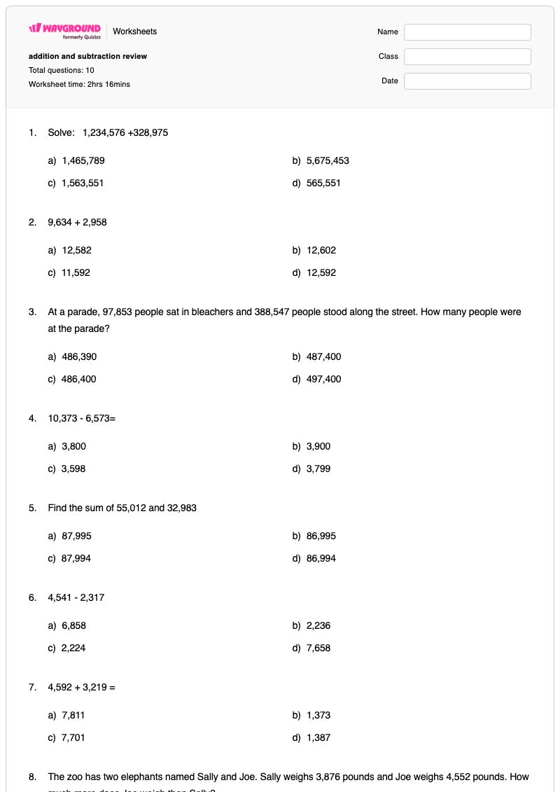 addition and subtraction review - พิมพ์ได้ Addition-and-subtraction เวิร์กชีท - Wayground