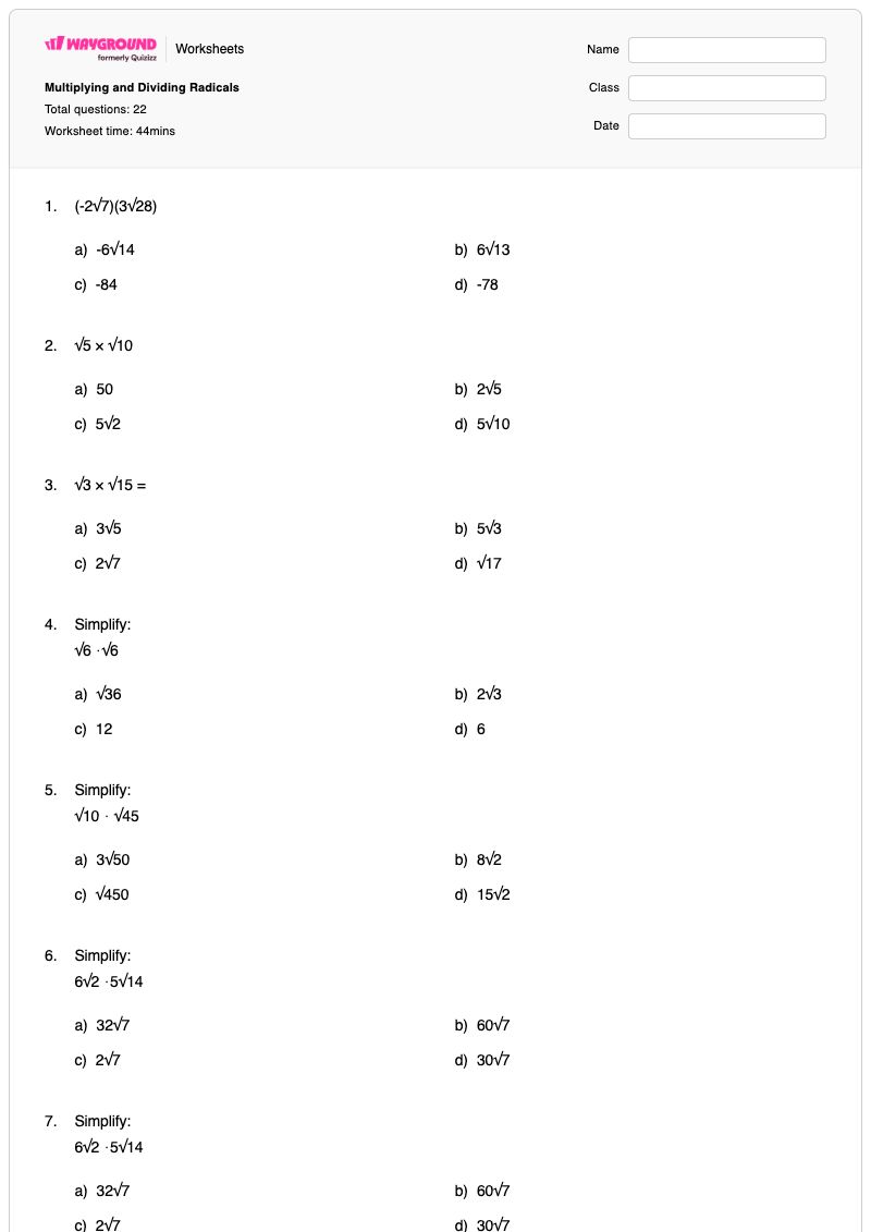 Multiplying and Dividing Radicals - Printable Dividing-radicals Worksheets Grade 11 - Wayground