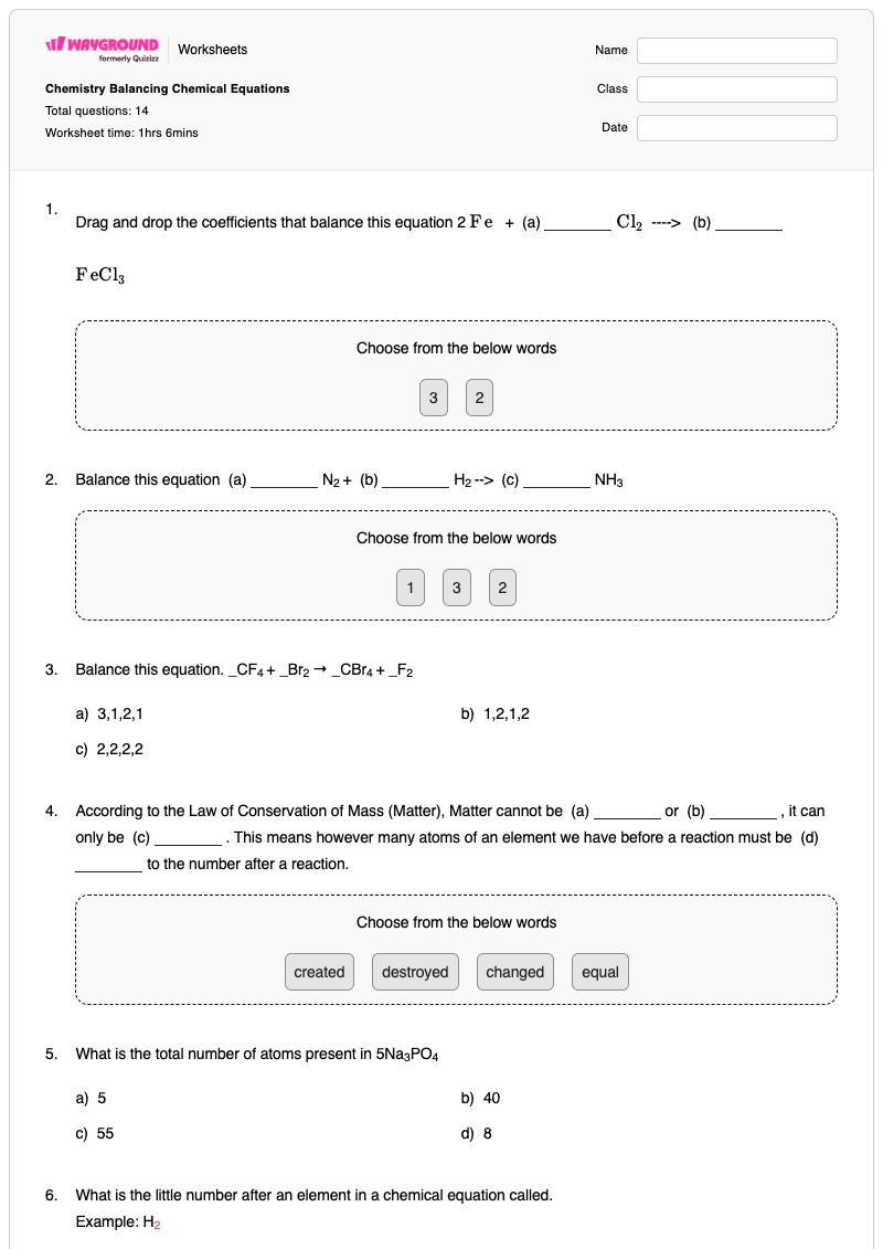 Chemistry Balancing Chemical Equations - พิมพ์ได้ การปรับสมดุลสมการทางเคมี เวิร์กชีท - Wayground
