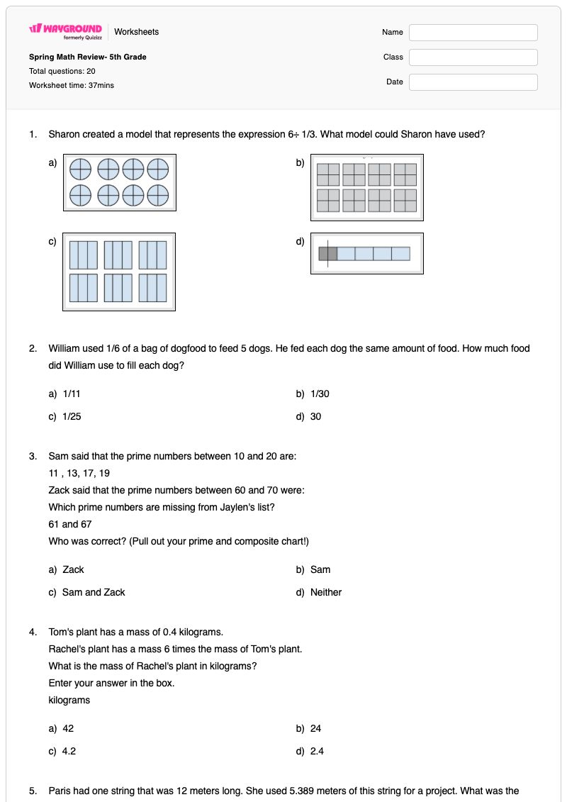 Spring Math Review- 5th Grade - Printable Class 5 Worksheets - Wayground