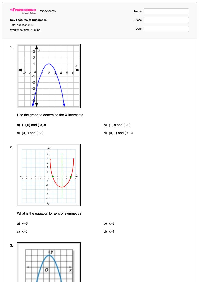 Key Features of Quadratics - พิมพ์ได้ Step-graphs เวิร์กชีท - Wayground
