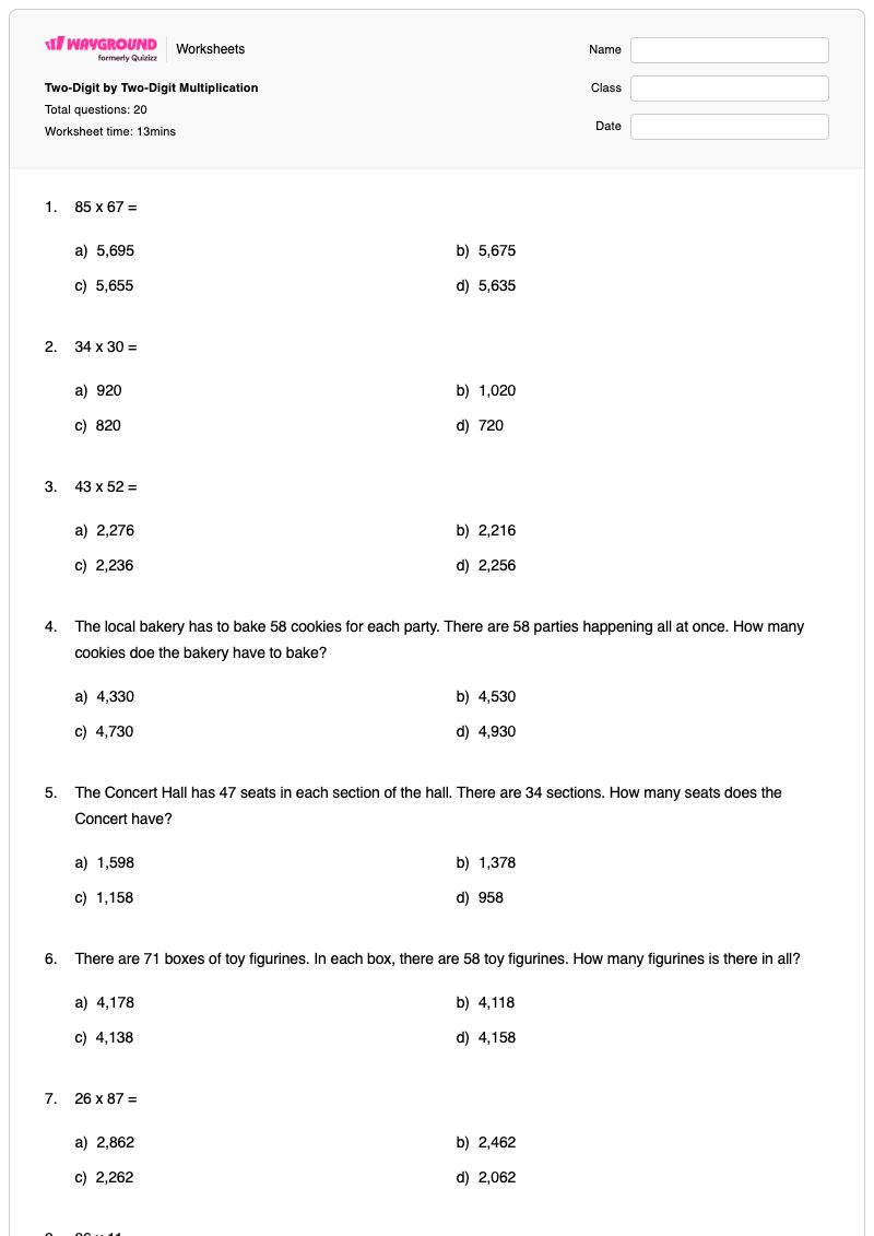 Two-Digit by Two-Digit Multiplication - Printable Multiplication Worksheets - Wayground