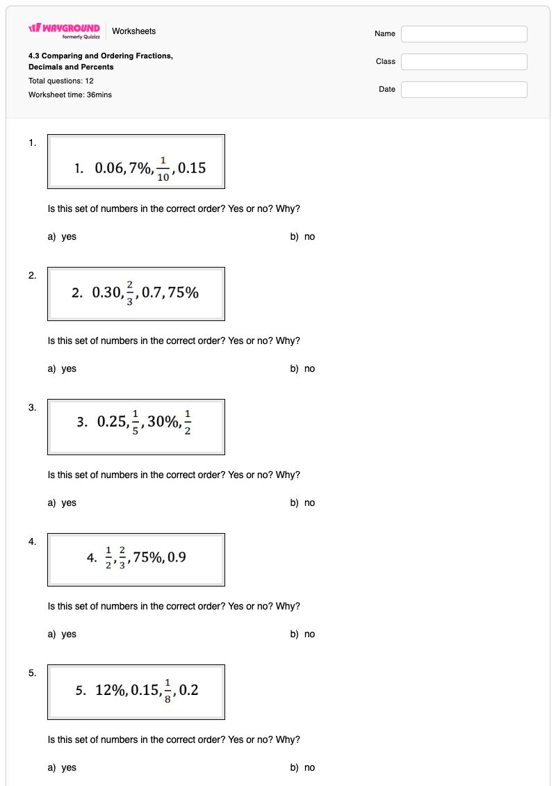 4.3 Comparing and Ordering Fractions, Decimals and Percents - พิมพ์ได้ การเรียงลำดับทศนิยม เวิร์กชีท - Wayground