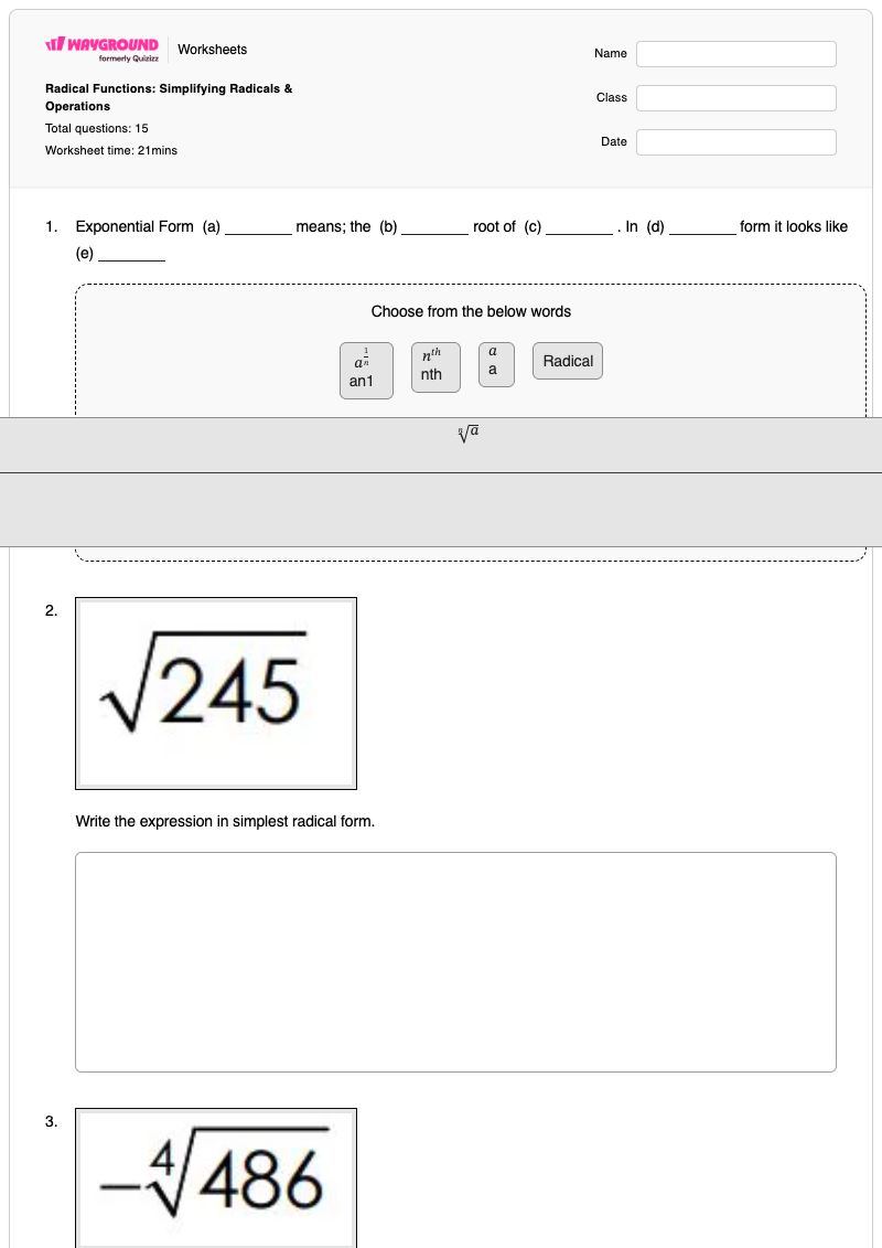 Radical Functions: Simplifying Radicals & Operations - พิมพ์ได้ การแสดงออก เวิร์กชีท - Wayground