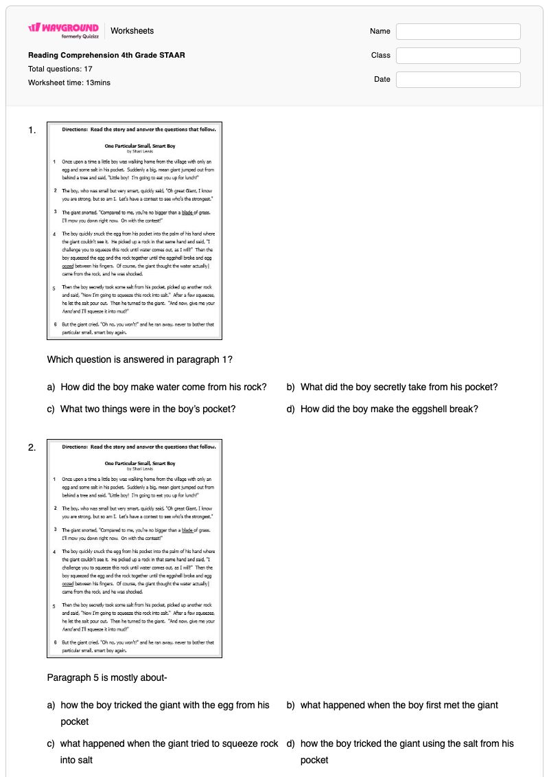 Reading Comprehension 4th Grade STAAR - พิมพ์ได้ การอ่าน เวิร์กชีท ระดับ 2 - Wayground