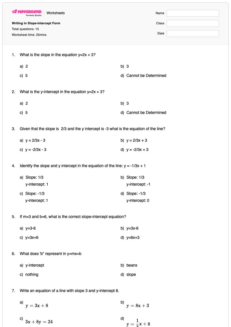 Writing in Slope-Intercept Form - พิมพ์ได้ รูปแบบความชัน-จุดตัดแกน เวิร์กชีท - Wayground