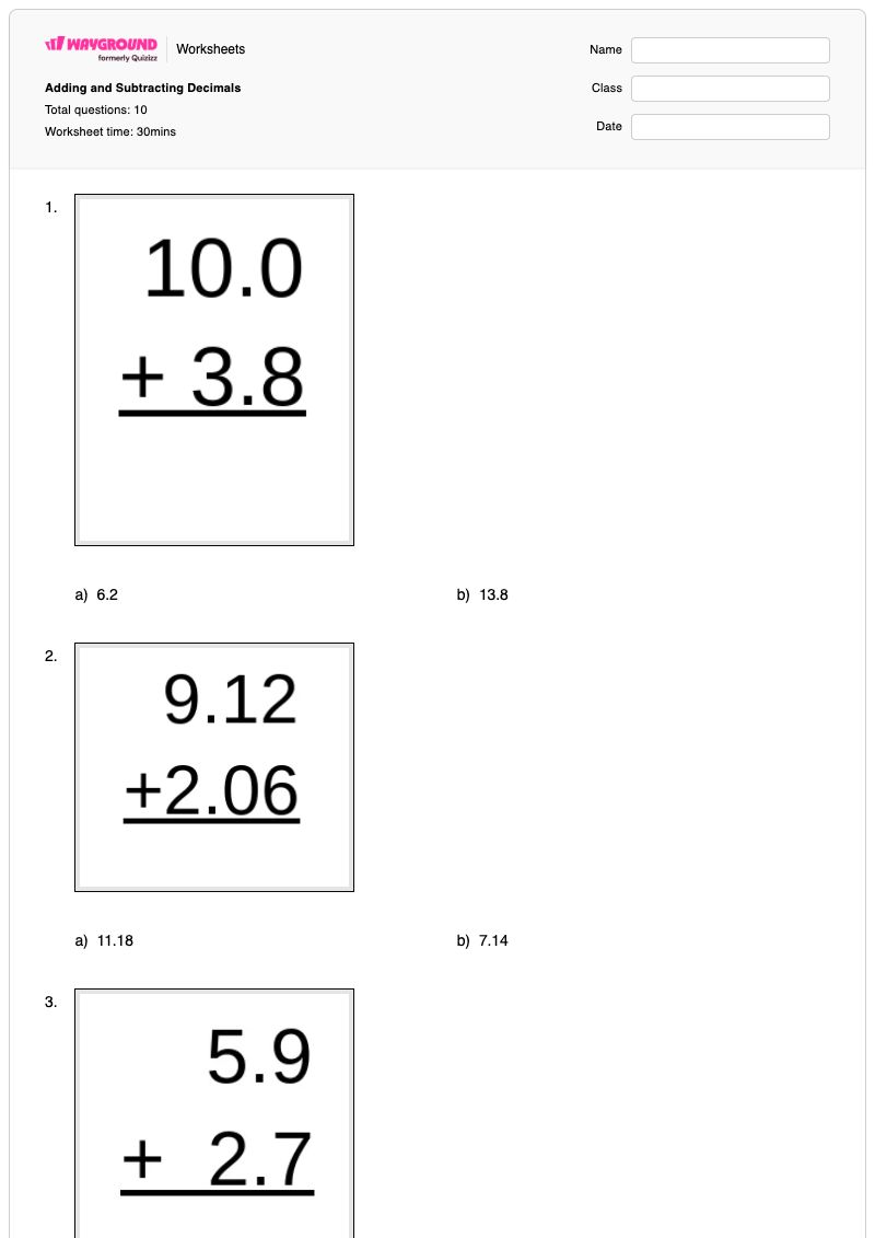 Adding and Subtracting Decimals - พิมพ์ได้ Addition-and-subtraction เวิร์กชีท - Wayground