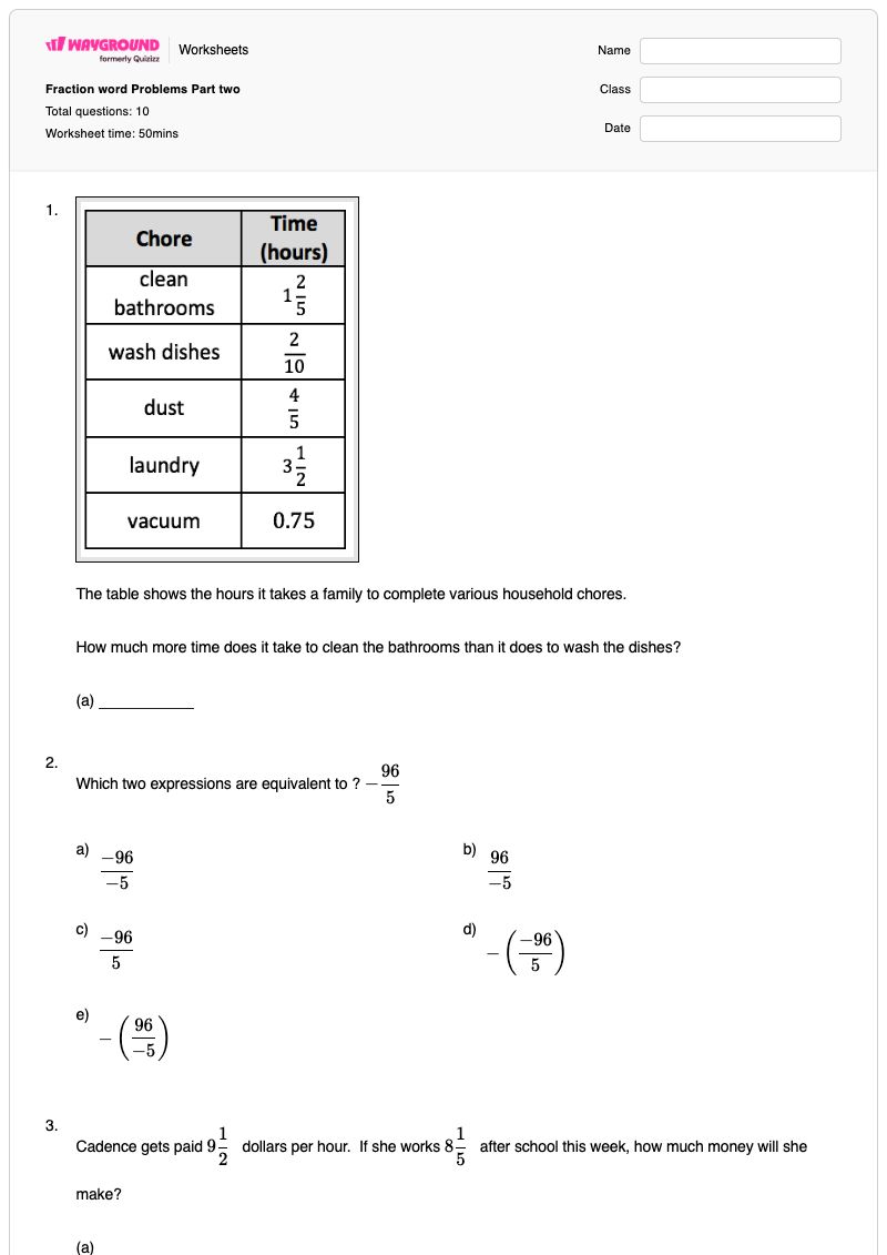 Fraction word Problems Part two - พิมพ์ได้ Motion-problems เวิร์กชีท ระดับ 7 - Wayground