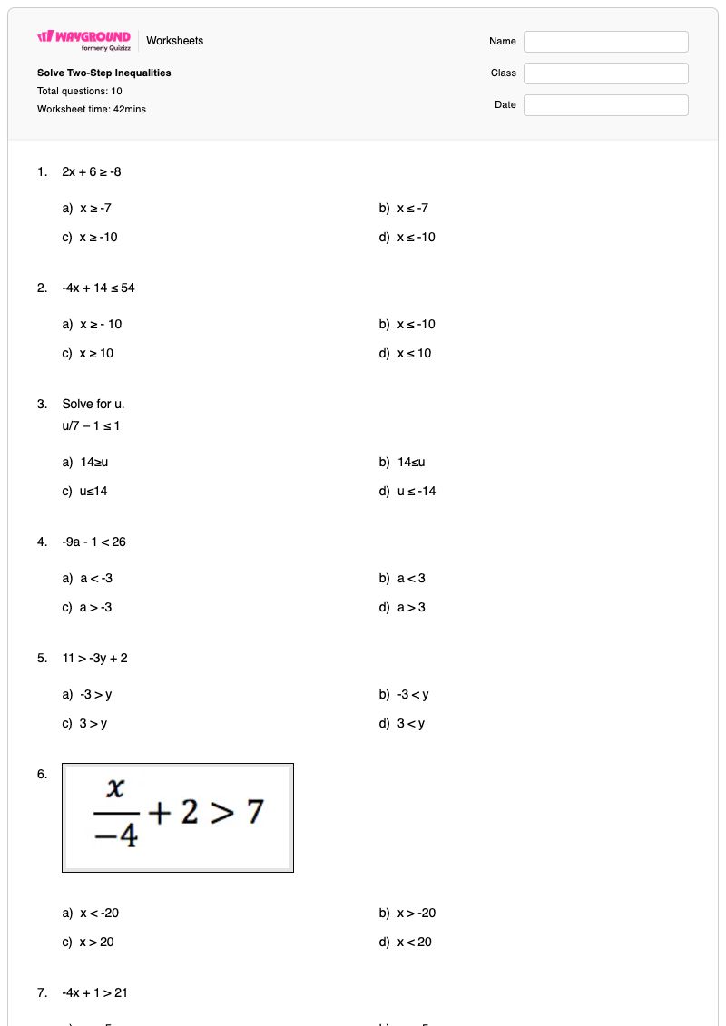Solve Two-Step Inequalities - Printable Two-step-inequalities Worksheets - Wayground