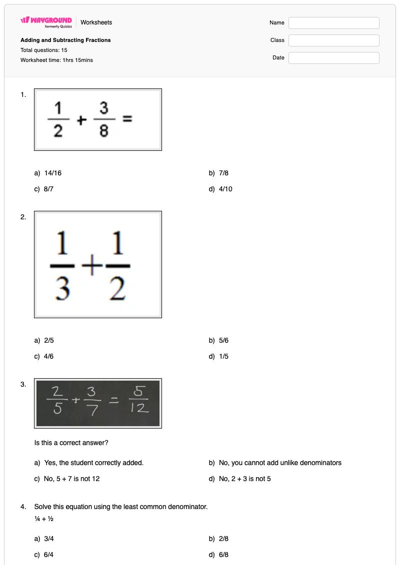 Adding and Subtracting Fractions - พิมพ์ได้ Addition-and-subtraction เวิร์กชีท - Wayground