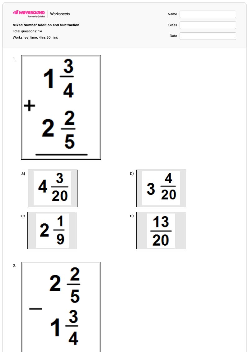 Mixed Number Addition and Subtraction - Free Printable Worksheet ...