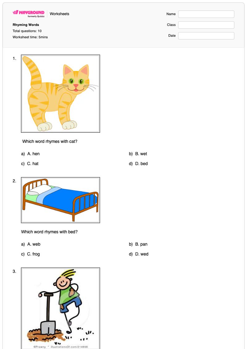 Rhyming Words  - Printable Rhyming-words Worksheets Grade 1 - Wayground