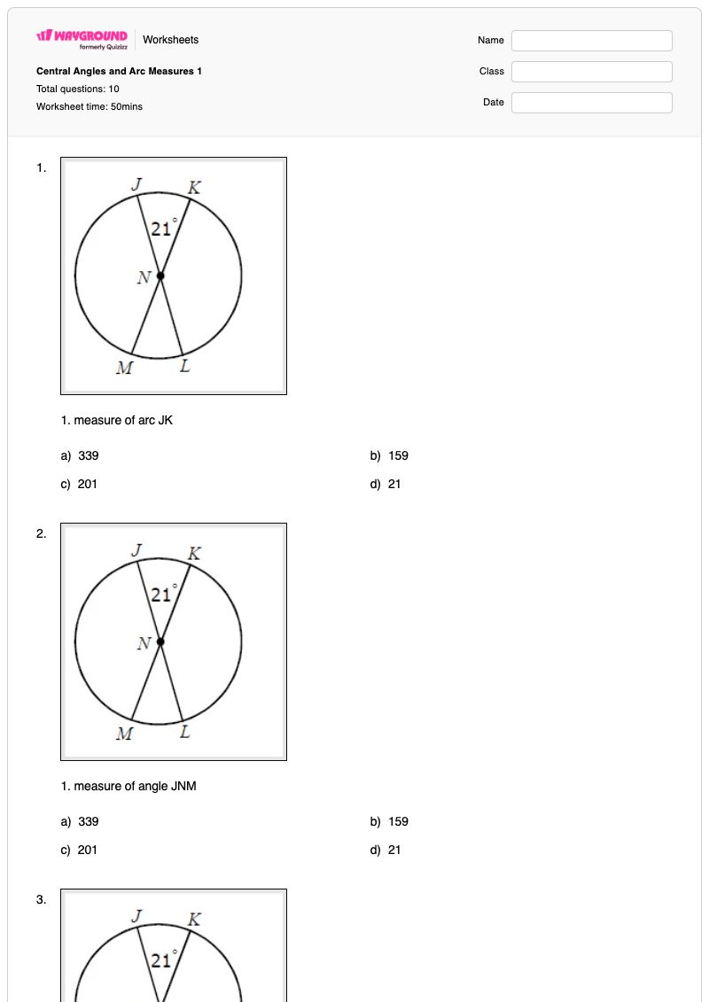 Central Angles and Arc Measures 1 - พิมพ์ได้ การวัดส่วนโค้ง เวิร์กชีท - Wayground