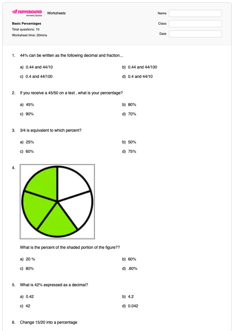 Basic Percentages - Printable Fractions Worksheets - Wayground