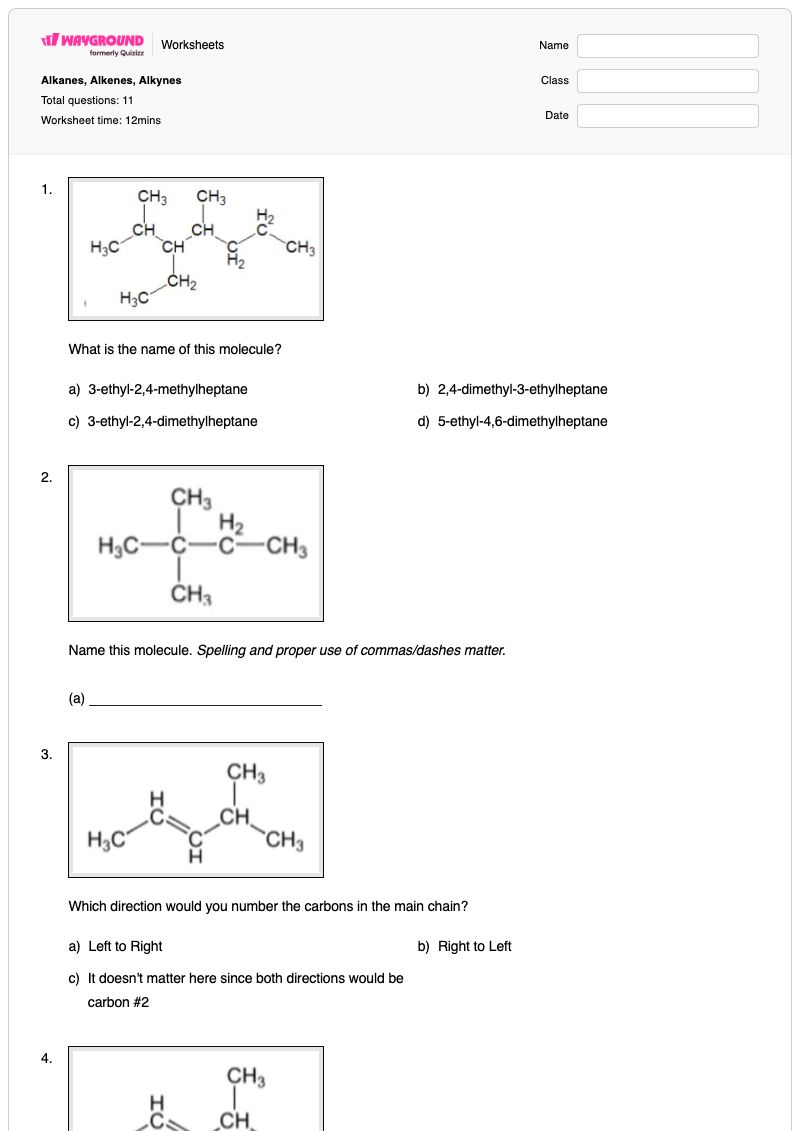 Alkanes, Alkenes, Alkynes - พิมพ์ได้ การตั้งชื่ออัลเคน เวิร์กชีท - Wayground