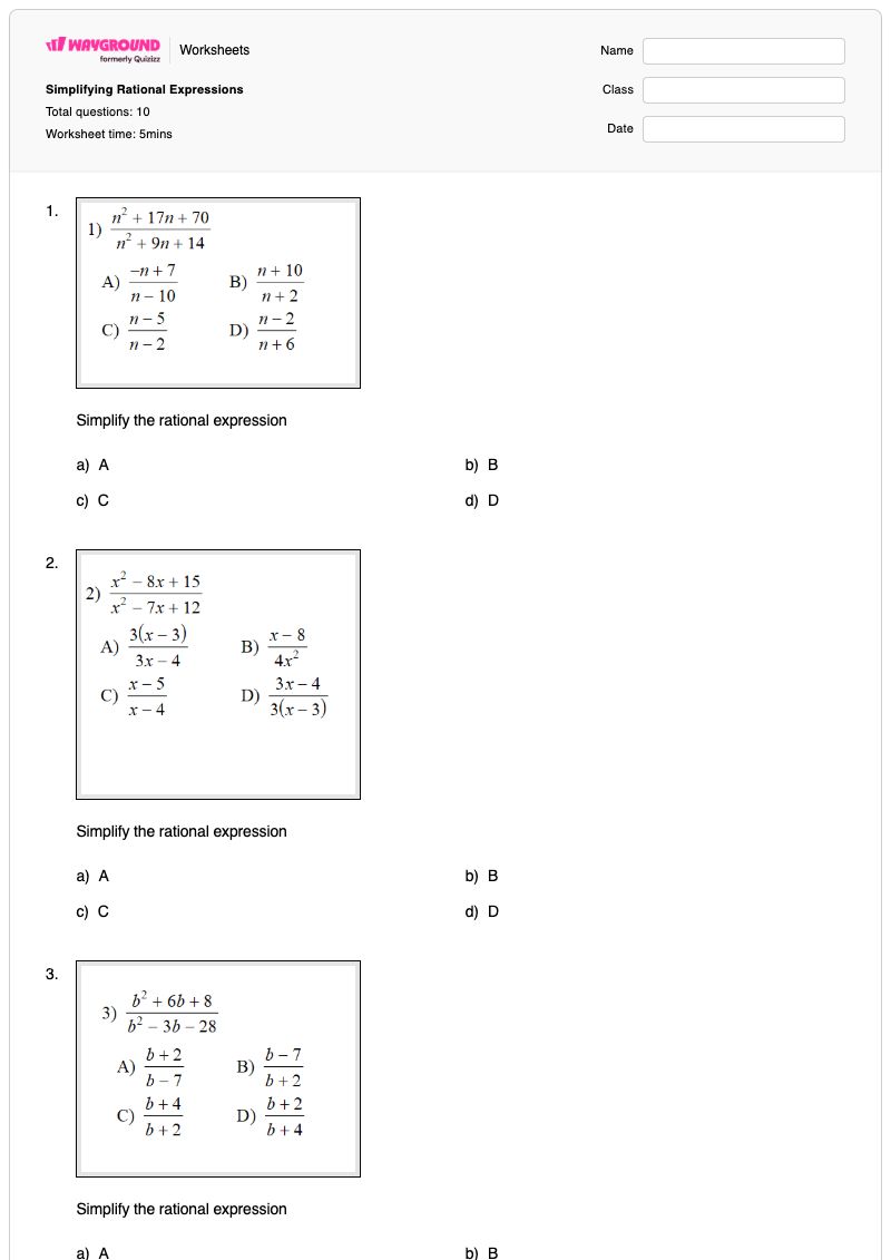 Simplifying Rational Expressions - พิมพ์ได้ การแสดงออก เวิร์กชีท - Wayground