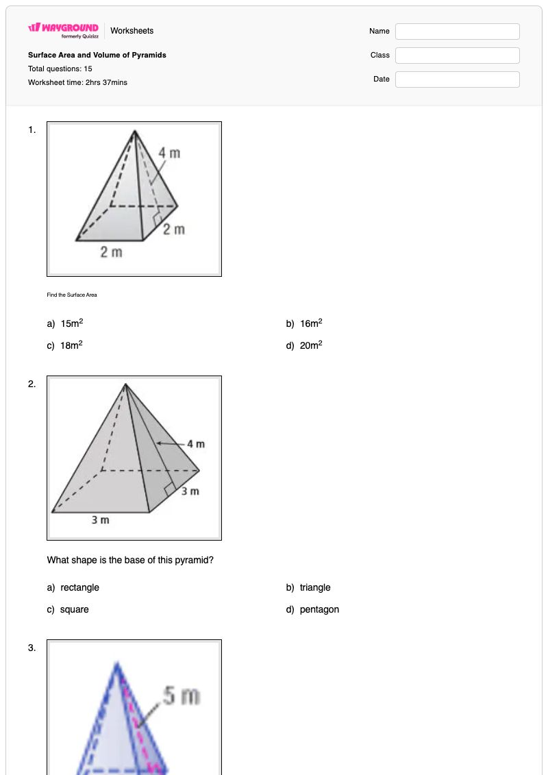 Surface Area and Volume of Pyramids - Printable Volume-and-surface-area Worksheets - Wayground