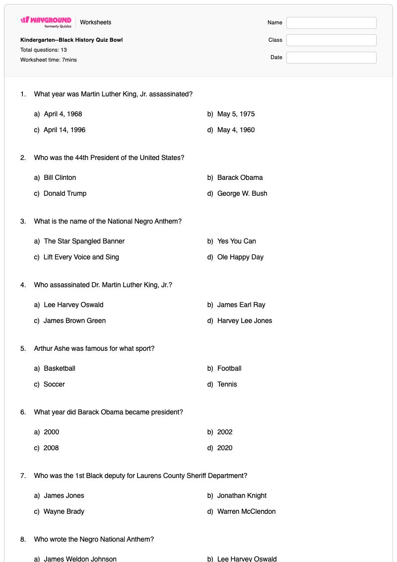 Kindergarten--Black History Quiz Bowl - Printable Writing Worksheets Kindergarten - Wayground