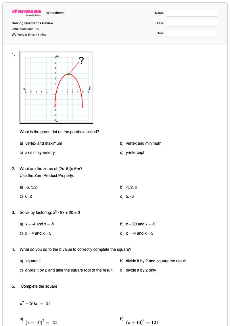 Solving Quadratics Review - พิมพ์ได้ การทำให้เป็นกำลังสองสมบูรณ์ เวิร์กชีท - Wayground