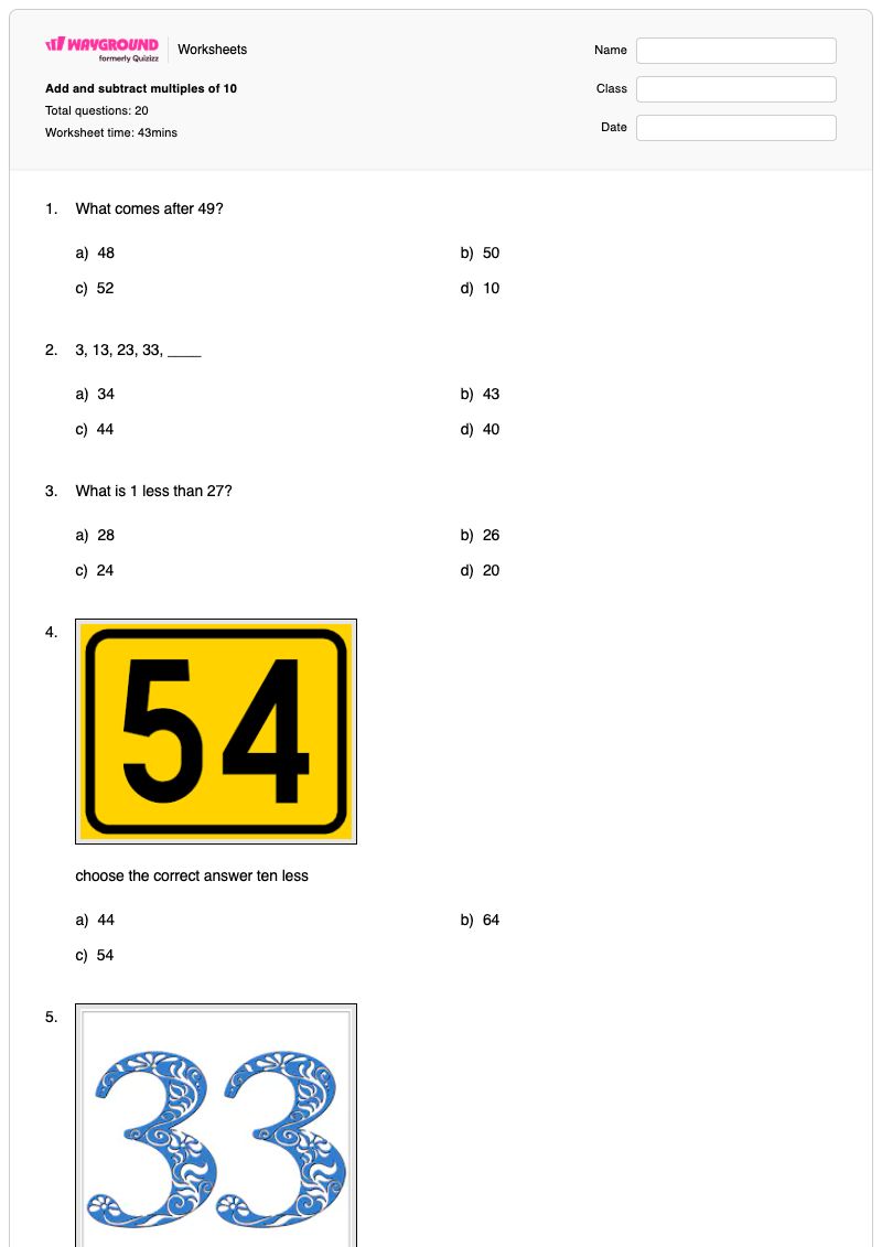 Add and subtract multiples of 10 - Printable Number-and-operations-in-base-ten Worksheets Class 2 - Wayground