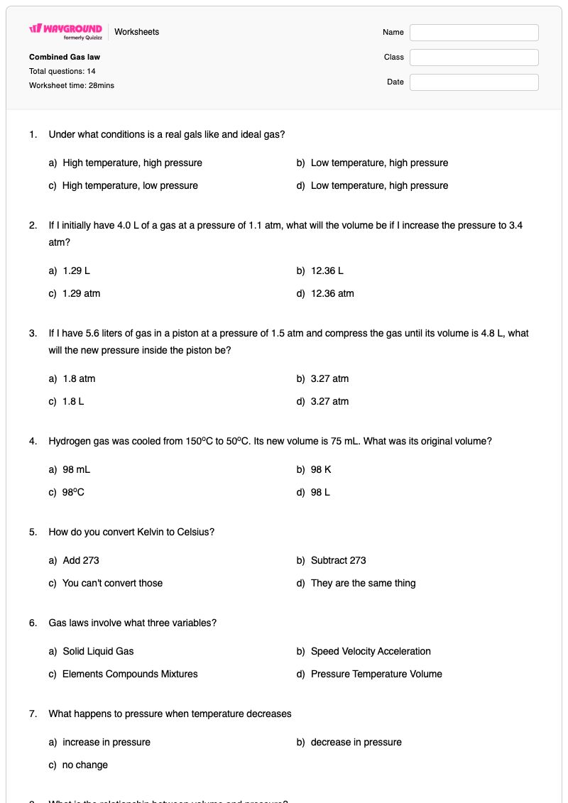 Combined Gas law - Printable Combined-gas-law Worksheets - Wayground