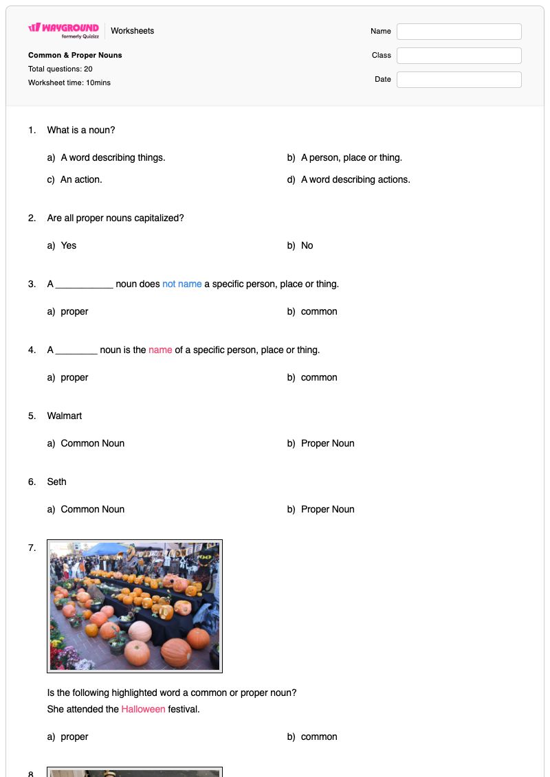Common & Proper Nouns - Printable Proper-nouns Worksheets Year 4 - Wayground