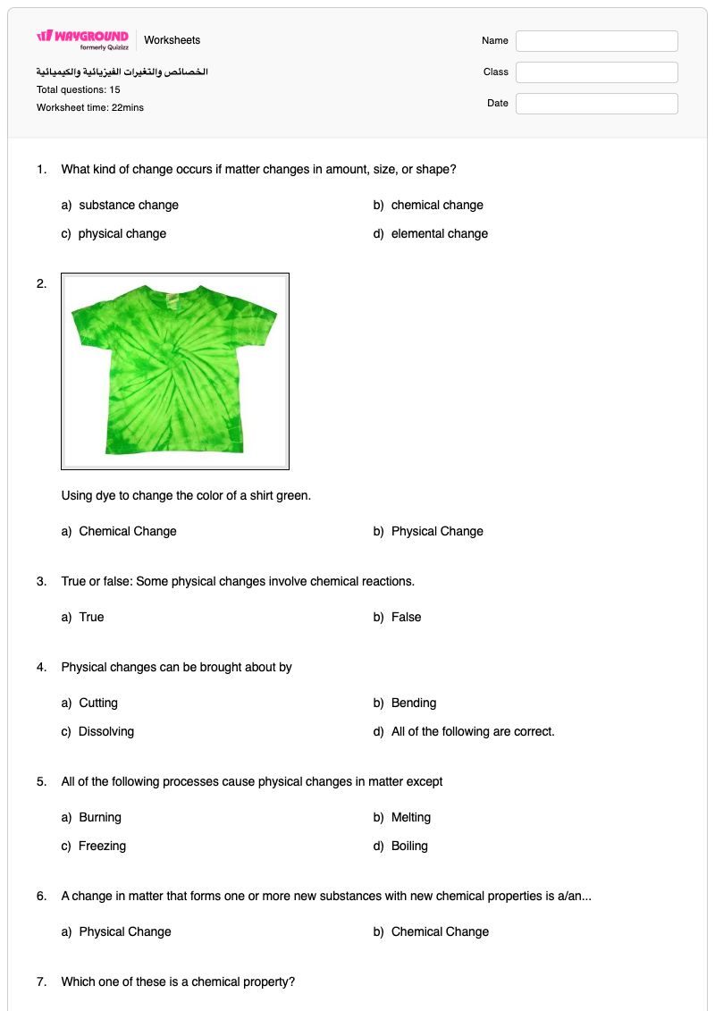 Physical and Chemical properties and changes - พิมพ์ได้ สมบัติทางกายภาพและทางเคมี เวิร์กชีท - Wayground