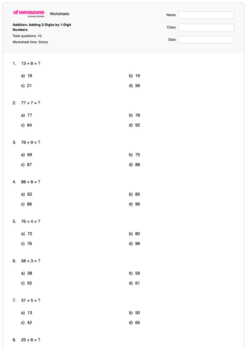 Addition: Adding 2-Digits by 1-Digit Numbers - พิมพ์ได้ ส่วนที่เพิ่มเข้าไป เวิร์กชีท - Wayground