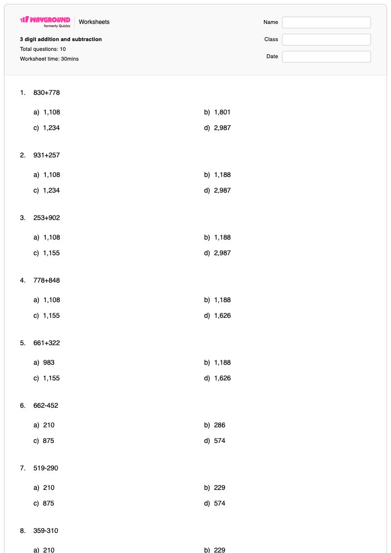 3 digit addition and subtraction - พิมพ์ได้ ส่วนที่เพิ่มเข้าไป เวิร์กชีท - Wayground