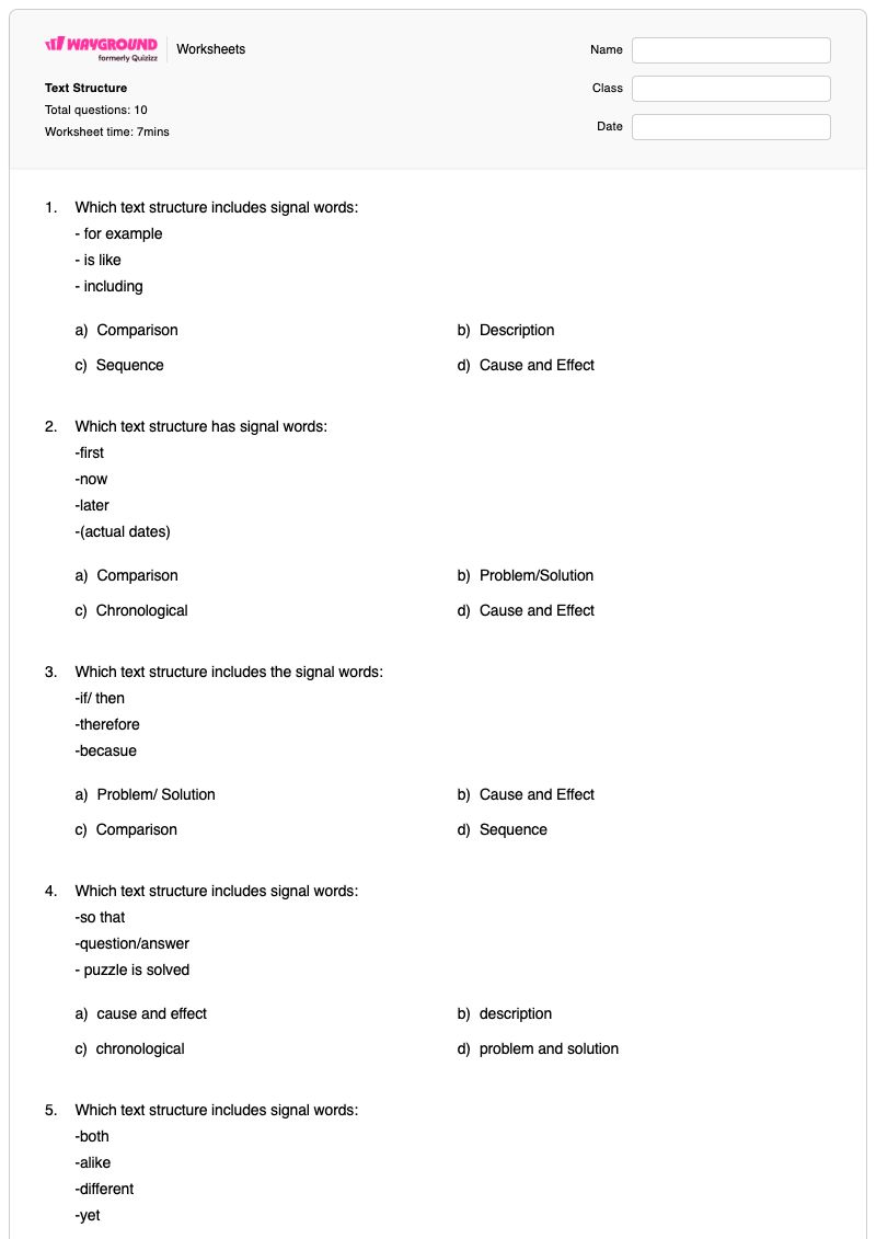 Text Structure - พิมพ์ได้ การวิเคราะห์โครงสร้างข้อความ เวิร์กชีท ระดับ 7 - Wayground