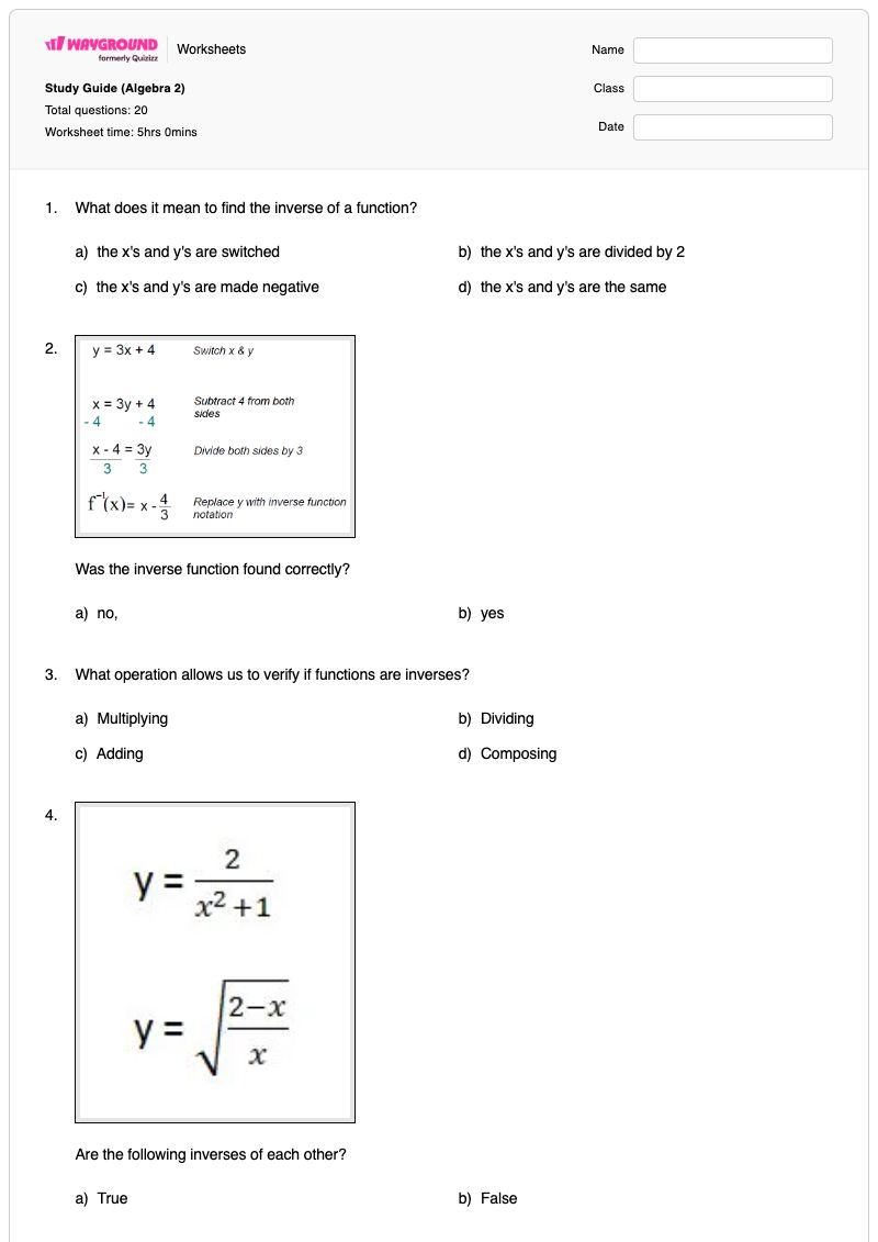 Study Guide (Algebra 2) - พิมพ์ได้ ฟังก์ชันการทำงาน เวิร์กชีท - Wayground