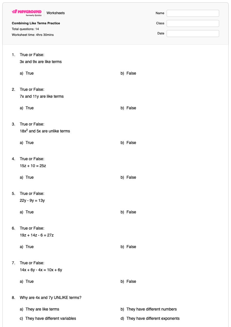 Combining Like Terms Practice - Printable Unlike-terms Worksheets Year 6 - Wayground