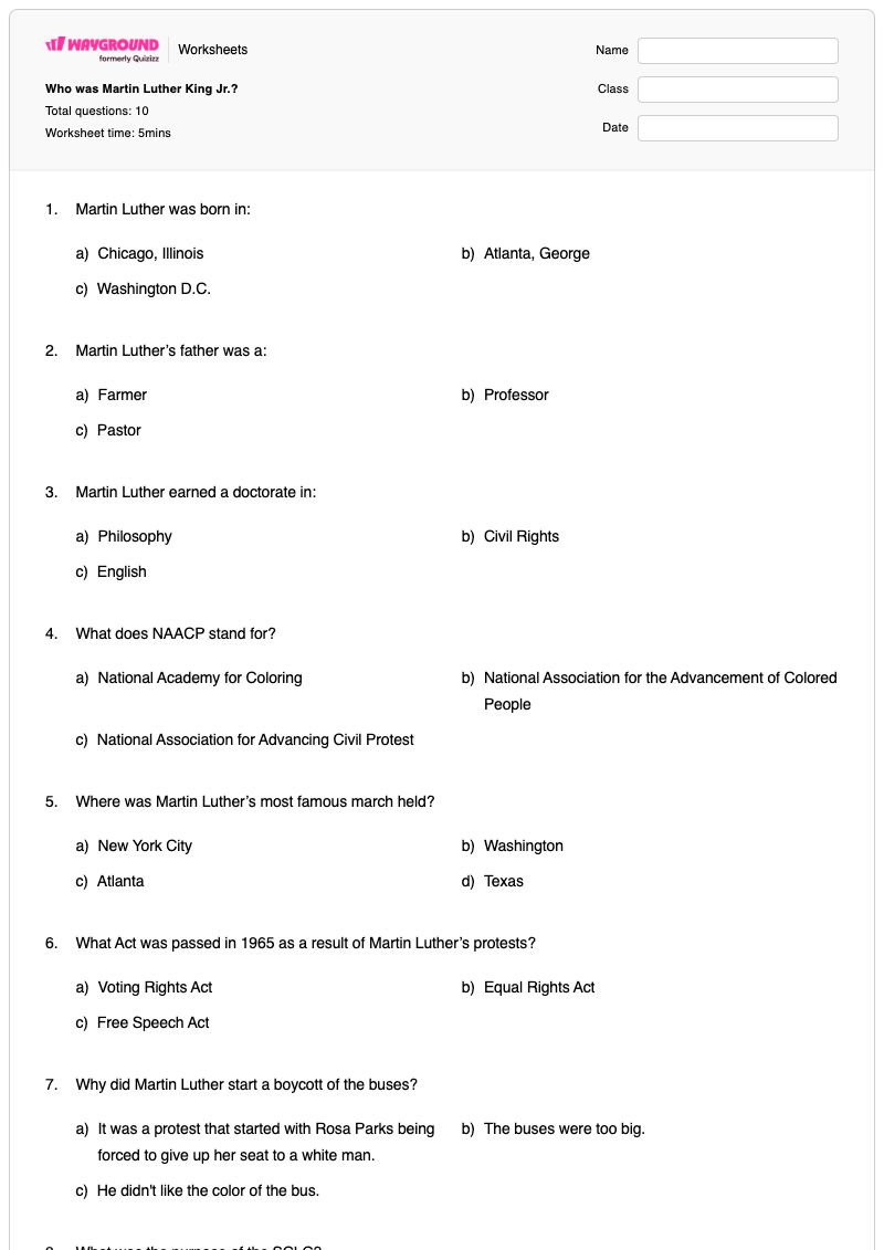 Who was Martin Luther King Jr.? - Printable Martin-luther-king-jr-day Worksheets Class 3 - Wayground