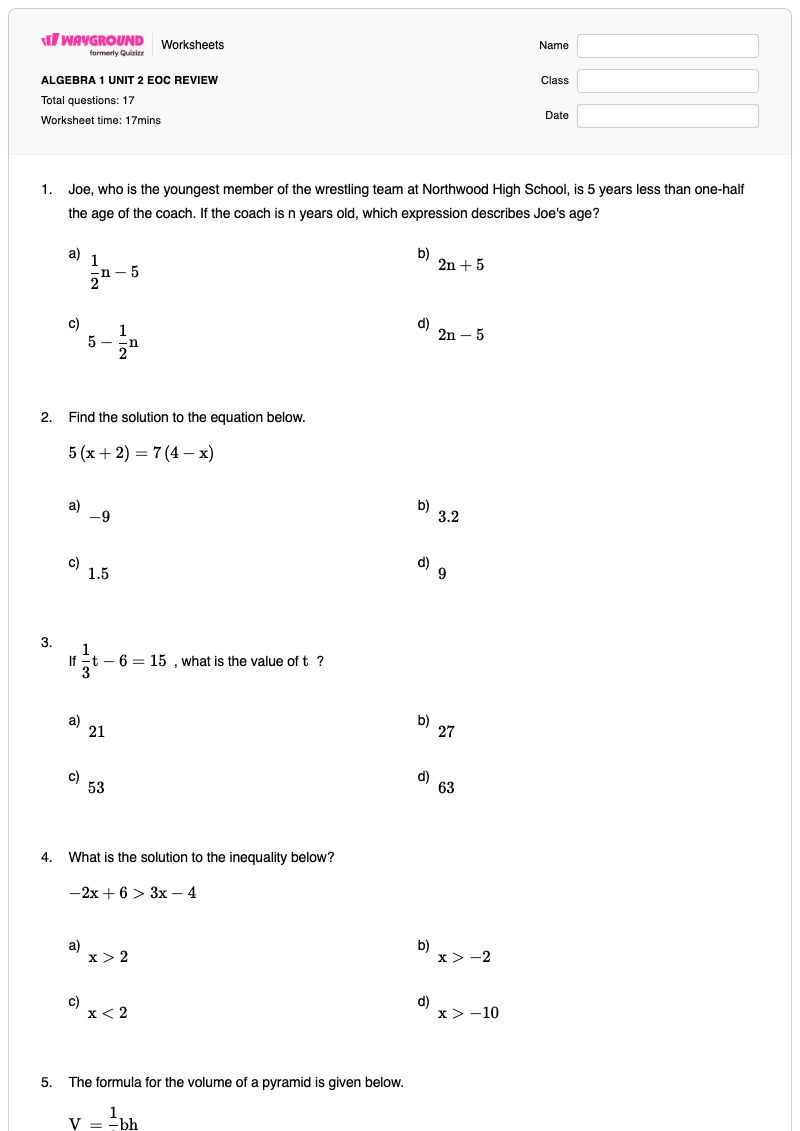 ALGEBRA 1 UNIT 2 EOC REVIEW - พิมพ์ได้ การแก้สมการอสมการ เวิร์กชีท - Wayground