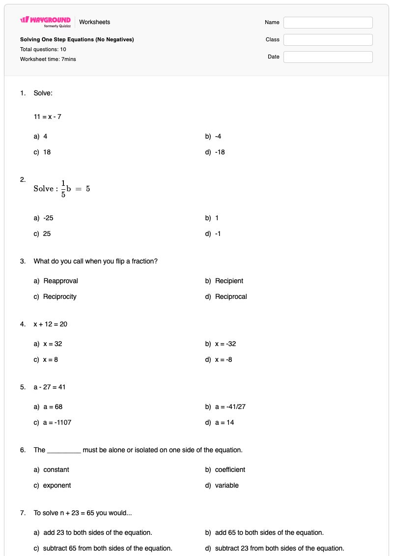 Solving One Step Equations (No Negatives) - พิมพ์ได้ สมการขั้นตอนเดียว เวิร์กชีท - Wayground