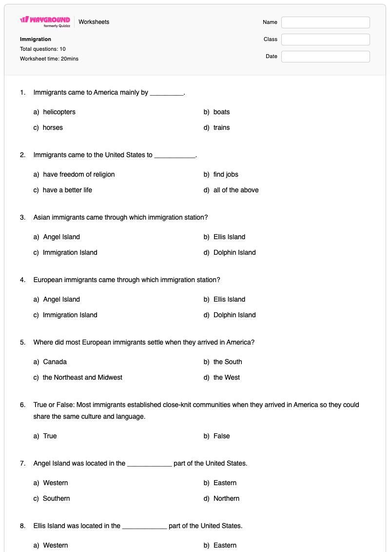 Immigration - Printable Immigration Worksheets Year 5 - Wayground