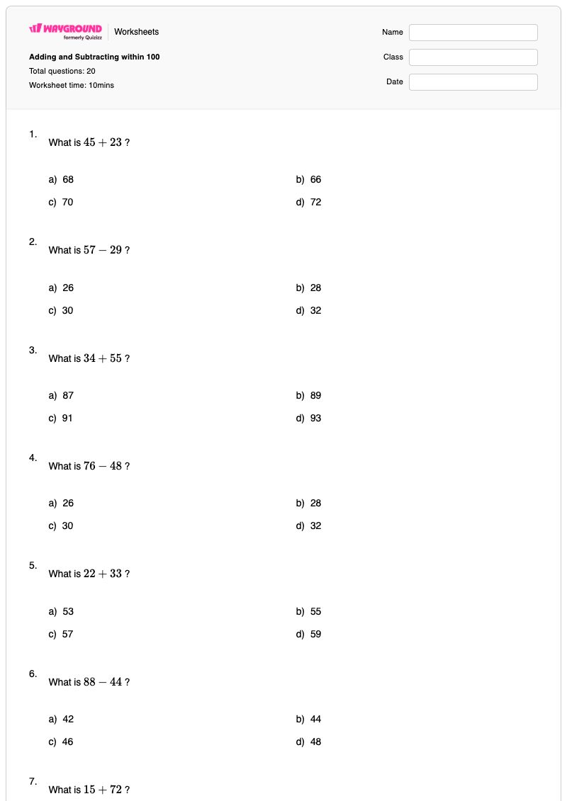 Adding and Subtracting within 100  - Printable Math Worksheets - Wayground