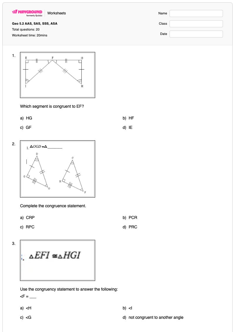 Geo 5.2 AAS, SAS, SSS, ASA - Printable Congruence Worksheets - Wayground